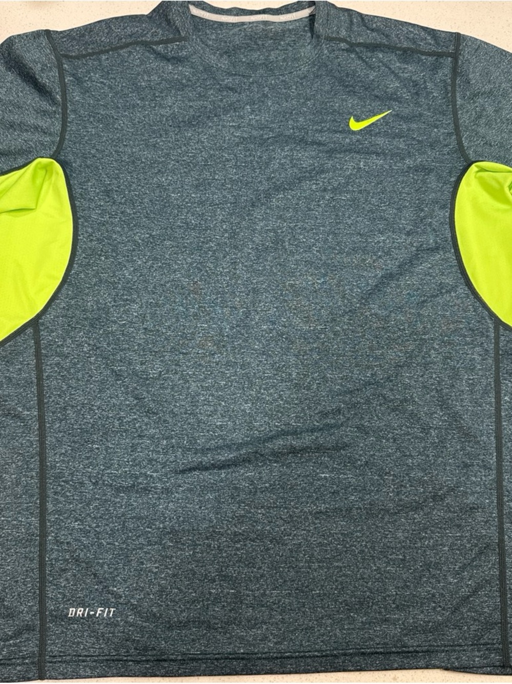 Nike Heathered Teal Athletic Shirt with Neon Yellow Swoosh
